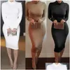 Basic Casual Jurken Winter Zacht Katoen Stretch Zwart Feest Grote maten Mager Sexy Clubkleding Prachtig Warm Maxi Bandage Bodycon Dre Dh3Sp