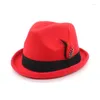 Berets Vintage Pork Pie Hat Mens Rolled Brim Felt Fedora With Feather Gentleman Church Cap Trilby Jazz Hats