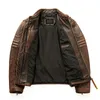 Men's Natural Leather Jacket First Layer Calfskin Stand Collar Motorcycle Jacket Retro Brown Cowhide Jacket Men's Biker Clothes 240126