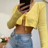 Women's Knits Cropped Cardigan Long Sleeve Lightweight Tie Front V Neck Ribbed Knit Trendy Wholesale