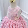 2024 New Pink Rose Flower Flower Girl Dresses Jewel Neck Ball Gow Sciren Beads Princess Girls Pageant Dress Baby Kids 생일 첫 성찬식 가운 403