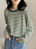 Dames T-shirts T-shirt Vrouw Korea Los Katoenen Shirt Dames 2024 Herfst Casual Top Tee Groen Zwart Gestreept T-shirt met lange mouwen Basic Winter