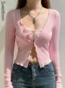 Kvinnors T-skjortor Sweetown Spring Summer Fashion Pink Y2K T-shirts Lace Trim Kawaii Sweet Girl Clothes Button Up V Neck Skinny Long Sleeve