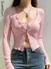 Kvinnors T-skjortor Sweetown Spring Summer Fashion Pink Y2K T-shirts Lace Trim Kawaii Sweet Girl Clothes Button Up V Neck Skinny Long Sleeve