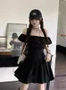 Party Dresses Style Butterfly Sleeve A-Line Dress Women Solid Simple Slash Neck One-Piece Frocks Slim Streetwear Prom Preppy