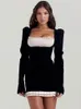 Элегантное лоскутное бархатное женское мини-платье Модное плиссированное облегающее платье с квадратным вырезом и длинными рукавами Lady Chic Party Club Robe 240129