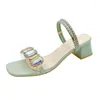 Sandales de luxe avec strass géométriques pour femmes, pantoufles d'été à bout ouvert, talons carrés verts coréens, PVC Transparent, 2024