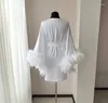 Women's Sleepwear White Boudoir Wedding Short Length Stain Silk Lingerie Bride To Be Hen Party Dress Maxi Dressing Gown Robes Feather Robe