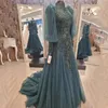 Blackish Green High Neck Dresses 2024 Crystal Beading Lace Tull Long Sleeved Evening Gowns Vestidos De Noche