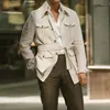 Men's Jackets Vintage Belt Lace-up Waist Cotton Coats Men Fashion Patch Pockets Striped Printing For Mens Streetwear Outerwear