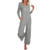 Damen-Nachtwäsche, Pullover-Overall für Damen, langärmelig, Waffelstrick-Knopf, weites Bein, Hose, Strampler, Overall, Umstands-Body mit Taschen