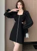 Robes décontractées Noir Chic À Volants Élégant Creux Out Robe Sexy Pour Femmes Automne Hiver Mode Moulante Bal 2024 Coréen Vintage Robes