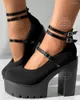 Sandaler Kvinnor Platform Ankel Rem Chunky hälen pumpar Mary Jane Shoes Buckle Woman Pu Leather