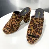 Slippers Shoes Woman 2024 Flock House Platform Peep Toe Low Heeled Mules Pantofle Square Heel High Leopard Summer Block Rome