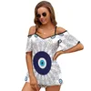 Women's T Shirts Navy Blue White Mediterranean Evil Eye Mandala Pattern Women Zipper Sexy Printed Vintage Tops Full Print T-Shirt Nazar