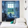 Arazzi Pittura a olio d'arte Poster pastorale blu Arazzo Finestra Scenario Sfondo Panno da parete Appeso Decorazione della camera da letto di casa