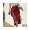 Robe de deux pièces Mode Femmes Couleur Solide Taille haute PU Cuir Midi Jupe à lacets Bouton latéral Slim Crayon Skinny pour dames Streetw Dhxhe