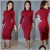 Basic Casual Jurken Winter Zacht Katoen Stretch Zwart Feest Grote maten Mager Sexy Clubkleding Prachtig Warm Maxi Bandage Bodycon Dre Dh3Sp