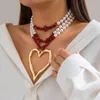 Pendant Necklaces Boho Multi-layer Irregular Stone Bead Chain Imitation Pearl Necklace Punk Big Heart Shaped Women's Jewelry