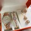 Armbanduhren 5 stücke Luxus Uhren Schmuck Set Frauen Rhineston Quarzuhr Armbanduhr Halskette Ohrringe Ring Für Mädchen Damen Geschenk