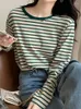 Dames T-shirts T-shirt Vrouw Korea Los Katoenen Shirt Dames 2024 Herfst Casual Top Tee Groen Zwart Gestreept T-shirt met lange mouwen Basic Winter