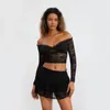 Work Dresses Women Lace Skirt Set Fairycore See Through Off Shoulder Long Sleeve Crop Tops And Mini Suit 2 Piece Outfits Streetwear