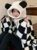 Kawaii zip up solto punk hoodies mulheres inverno engrossar checkerboard harajuku urso orelhas bonito feminino moletom casaco de grandes dimensões 240202