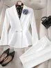 Elegant Pant Suits for Women Long Sleeve Korean Fashion Office Two Piece Solid Button Lapel Spring Summer 240127