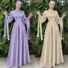 Roupas étnicas Cetim Abayas para Mulheres Dubai Turquia Kaftan Elegante Vestido de Festa Muçulmano Eid Mubarak Femme Musulman Abaya Robe Jalabiya Fitas