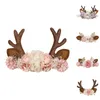 Vestuário de cão Natal Elk Rena Chifres Headbands com flores Acessórios de cabelo Ferramentas de estilo para presente de festa de aniversário