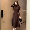 Casual Dresses Autumn Winter 2024 Slim Long Sleeve Party Midi Dress for Women Sticked Half High Collar Elegant tröja Damer