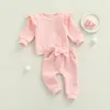 Citgeett Spring Valentine's Day Kids Girls Suit Set Solid Color Long Sleeve Ruffle Tops Bowknot Trousers Autumn Clothes 0-24M 240124