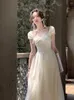 Casual Jurken Franse Elegante Corset Fee Jurk Vintage Vrouwen Vierkante Kraag Korte Mouw Avondfeest Midi Vestidos Bruiloft