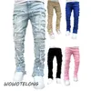 Homens rachados azul plissado remendo motociclista jeans streetwear buracos rasgado angustiado retalhos estiramento denim calças magro calças 240131