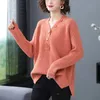 Outono inverno botão emendado moda vneck solto pullovers topos feminino allmatch commute manga longa cor sólida tshirt 240124