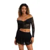 Work Dresses Women Lace Skirt Set Fairycore See Through Off Shoulder Long Sleeve Crop Tops And Mini Suit 2 Piece Outfits Streetwear