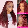 134 136 Deep Curly Spets Frontal Wig Transparent 99J Bourgogne Curly Spets Front Wigs Red Colored HD Deep Wave Human Hair Wigs 240118