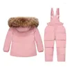 Conjuntos de roupas bebê menino macacão inverno para baixo jaqueta quente crianças casaco com capuz criança snowsuit real pele parka criança menina conjunto