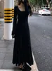Vestidos casuais fahsion vestido longo mulheres fishtail preto elegante designer feminino moda plissado vestidos cor sólida vestido