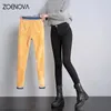 Zoenova kvinnor tjocka sammet jeans fleece varm koreansk mode hög midja mager elastiska byxor jean casual benging vinter 240131