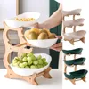 Panier de fruits en céramique à 3 niveaux, rangement de cuisine, ensemble de bols avec support en bois, support de service de plats à bonbons