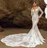 2024 Vintage long sleeves Lace Dresses new beach Mermaid Bridal Gowns Backless Garden Wedding Dress with Long Train Sheer Neck Custom Made Vestidos De Soiree