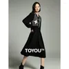 Casual Dresses Toyouth Women Jersey Dress 2024 Winter Long Sleeve V Neck A-shaped Slim Waist Star Jacquard Retro Fashion Black Skirt