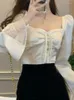 Blouses Femmes Chemises blanches Femmes Printemps Flare Manches Femelle Élégant Col Carré Crop Top Dames Doux Fairycore Lace Up Blusas