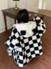 Kawaii zip up solto punk hoodies mulheres inverno engrossar checkerboard harajuku urso orelhas bonito feminino moletom casaco de grandes dimensões 240202