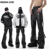 Reddachic Black Wax المغلفة الجينز الجينز الرجال الممتدين ماتية السراويل bootcut سراويل تدفق حزام عتيقة y2k hip hop بنطلون 240122