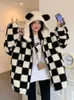 Kawaii zip up solto punk hoodies mulheres inverno engrossar checkerboard harajuku urso orelhas bonito feminino moletom casaco de grandes dimensões 240202