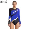 Scene Wear Womens Gymnastics Leotard Ballet Figur Skating Dance Costume glittrande Rhinestone Cutout Back Mock Neck Long Sleeve Bodysuit