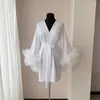 Women's Sleepwear White Boudoir Wedding Short Length Stain Silk Lingerie Bride To Be Hen Party Dress Maxi Dressing Gown Robes Feather Robe