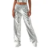 Calças femininas metálicas brilhantes calças elásticas cintura solta casual longo jogging bottoms cera mulheres baggy couro